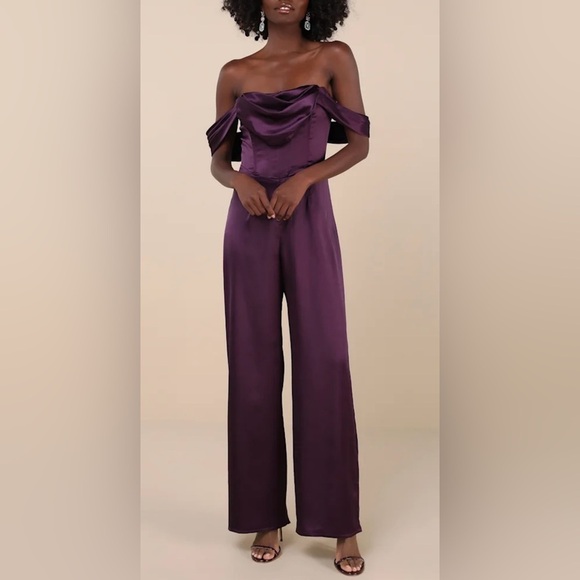 NWT Lulus Unbelievable Aura Dark Purple Satin Off-the-Shoulder Jumpsuit - Picture 1 of 10